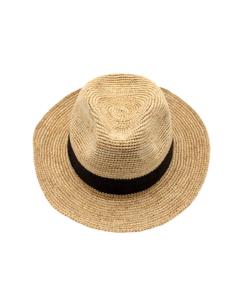 Kelly Crochet Fedora - Unisex Straw Sun Hats handmade woven natural raffia palm fiber in a solid hue of natural straw color with woven in hatband of  black - Shebobo