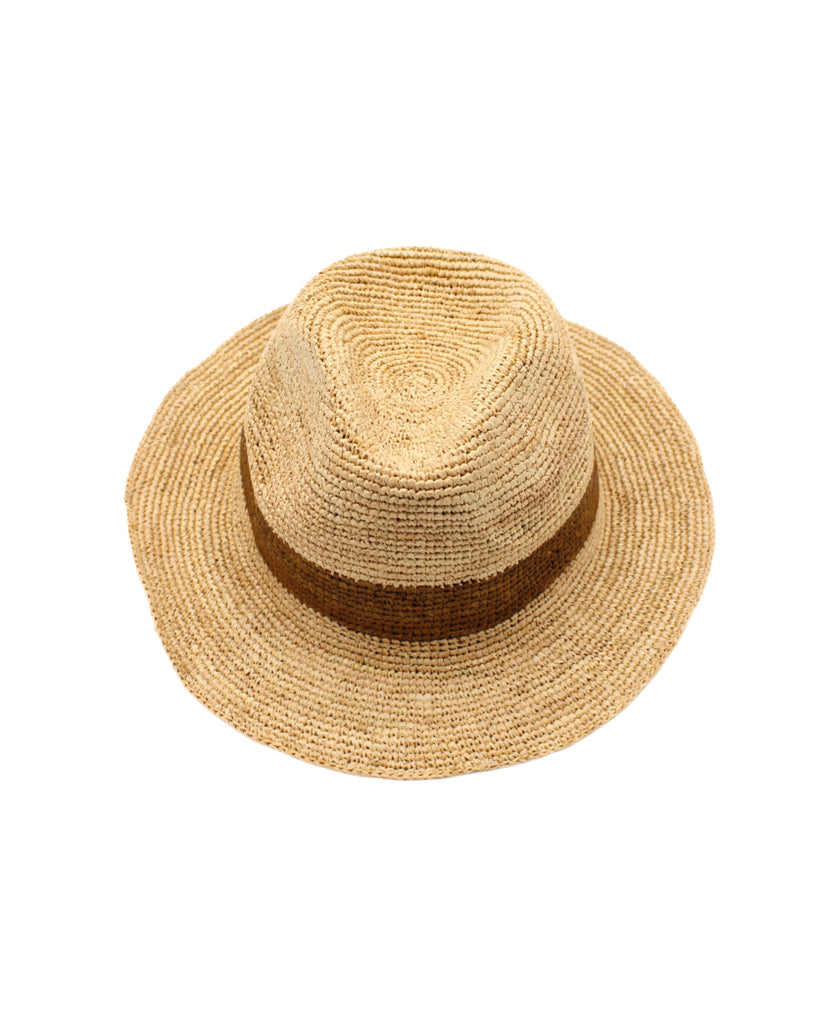 Kelly Crochet Fedora - Unisex Straw Sun Hats handmade woven natural raffia palm fiber in a solid hue of natural straw color with woven in hatband of  cinnamon/tobacco/brown - Shebobo