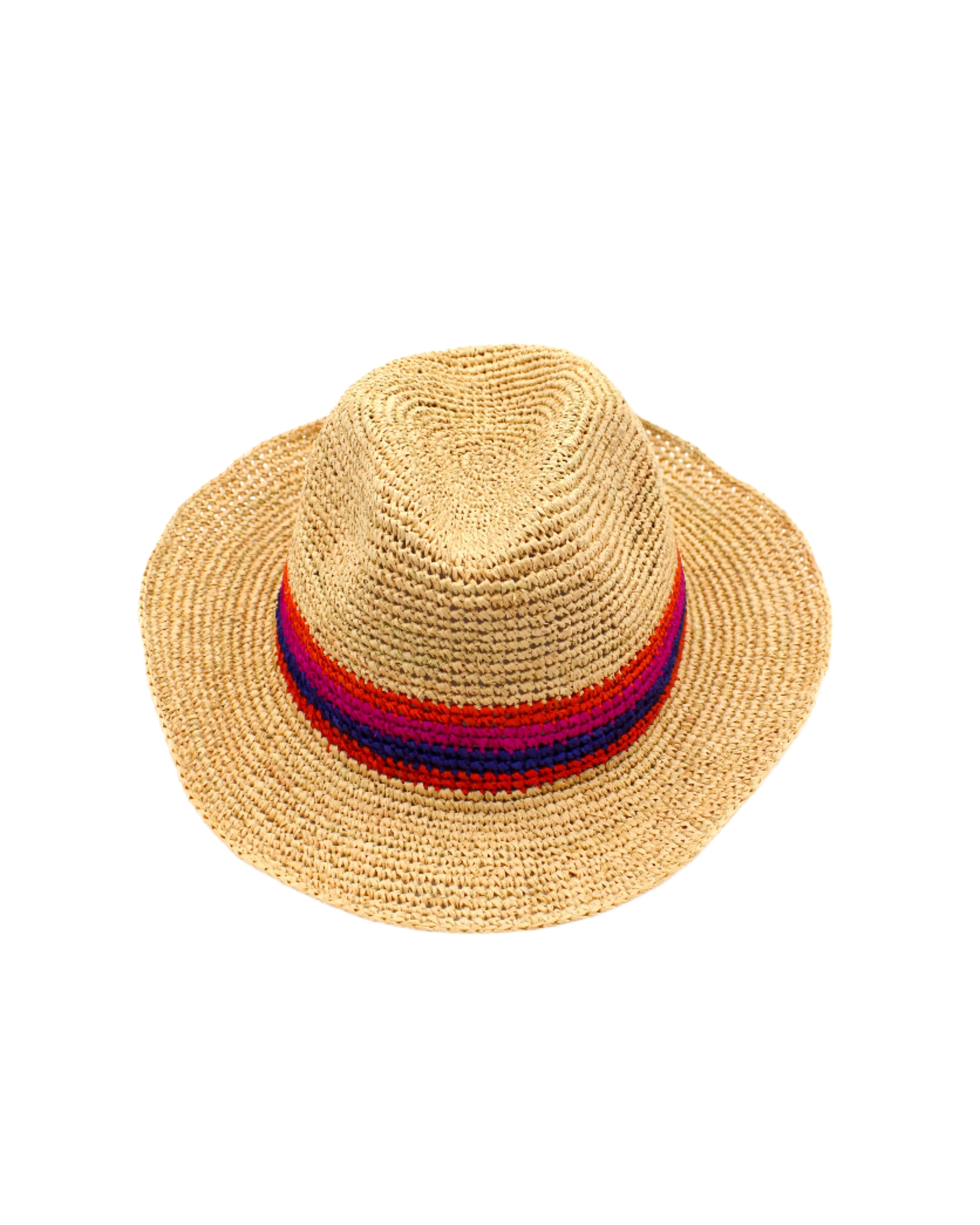 Kelly Crochet Fedora - Unisex Straw Sun Hats handmade woven natural raffia palm fiber in a solid hue of natural straw color with woven in multicolored hatband of fuchsia bright/hot/barbie/pink, coral orange/red, and navy blue hues - Shebobo