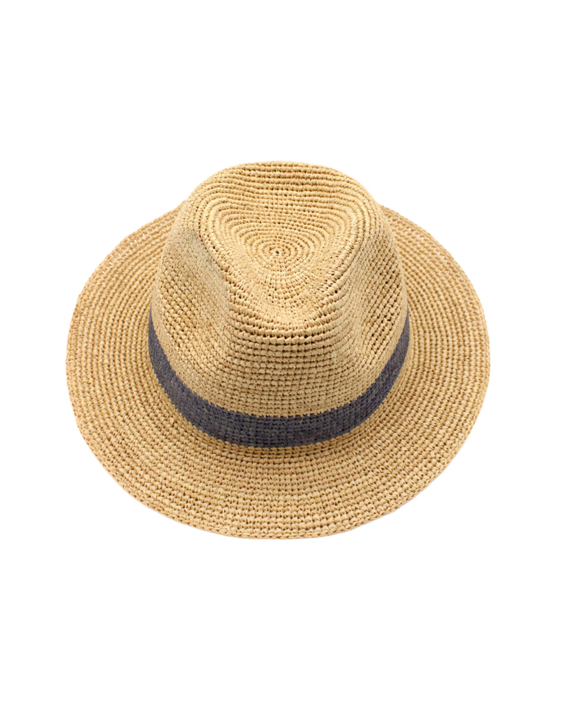 Kelly Crochet Fedora - Unisex Straw Sun Hats handmade woven natural raffia palm fiber in a solid hue of natural straw color with woven in hatband of  grey - Shebobo