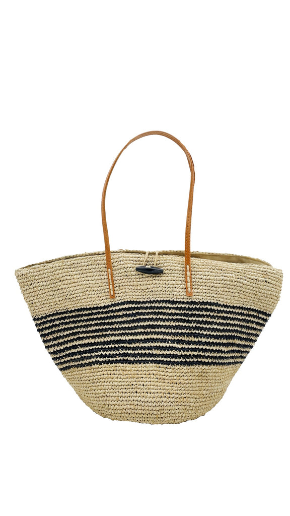 Kerry Crochet Straw Bag Handmade raffia purse with three horizontal segments - top and bottom are solid natural straw color and the center band is black and natural pinstripe pattern - Shebobo