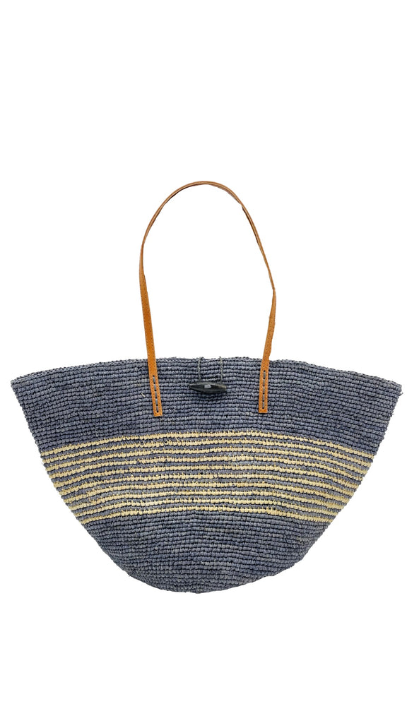 Kerry Crochet Straw Bag Handmade raffia purse with three horizontal segments - top and bottom are solid grey and the center band is grey and natural pinstripe pattern - Shebobo
