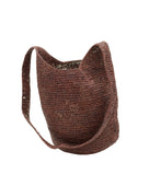 Kiki Crochet Straw Crossbody Bag handmade natural raffia palm fiber in a crochet pattern of subtle linked bands in a solid hue of dark chocolate brown purse - Shebobo