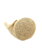 Detail view Kiki Crochet Straw Crossbody Bag handmade natural raffia palm fiber in a crochet pattern of subtle linked bands in a solid hue of natural straw color purse - Shebobo