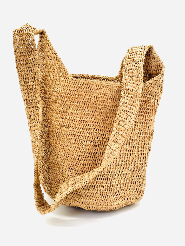 Kiki handmade crochet tea light brown raffia crossbody straw beach bag purse - Shebobo