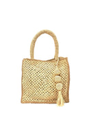 Kimba Crochet Handbag with Sphere Tassel Charm Embellishment handmade natural raffia palm fibers crochet into a granny square pattern with cappuccino/light brown detail edging - Shebobo