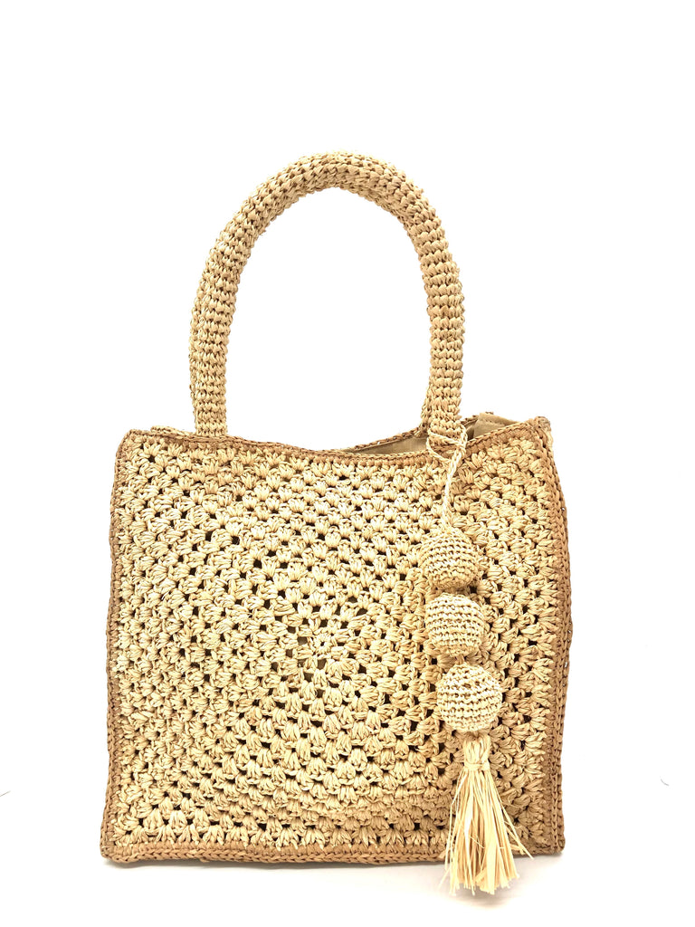 Kimba Crochet Handbag with Sphere Tassel Charm Embellishment handmade natural raffia palm fibers crochet into a granny square pattern with cappuccino/light brown detail edging - Shebobo