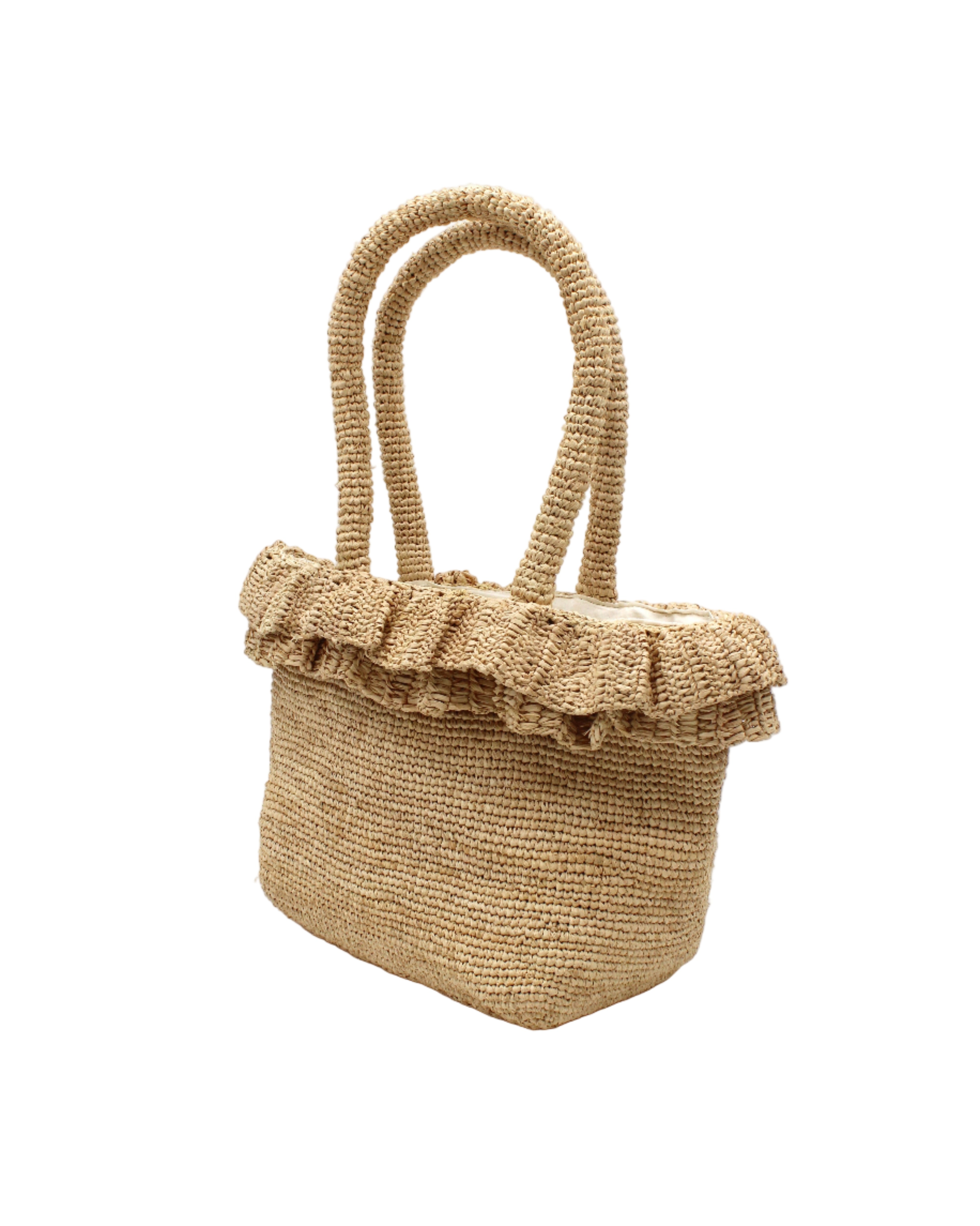 Side view Kiri Ruffle Crochet Straw Basket Handbag handmade crochet natural raffia palm fiber in a solid hue of natural straw color in subtle link texture with sweet double ruffle embellishment around the top of the bag and matching crochet handles beach bag shoulder bag - Shebobo