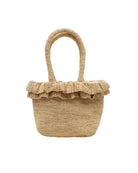 Kiri Ruffle Crochet Straw Basket Handbag handmade crochet natural raffia palm fiber in a solid hue of natural straw color in subtle link texture with sweet double ruffle embellishment around the top of the bag and matching crochet handles beach bag shoulder bag - Shebobo