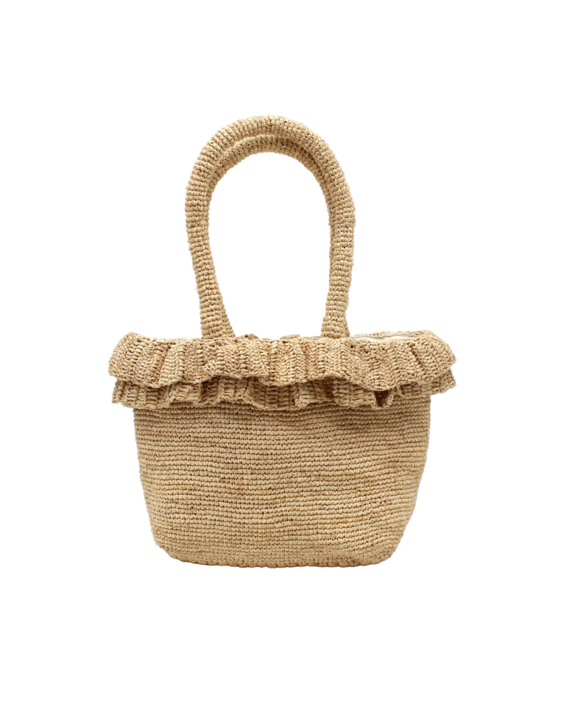 Kiri Ruffle Crochet Straw Basket Handbag handmade crochet natural raffia palm fiber in a solid hue of natural straw color in subtle link texture with sweet double ruffle embellishment around the top of the bag and matching crochet handles beach bag shoulder bag - Shebobo