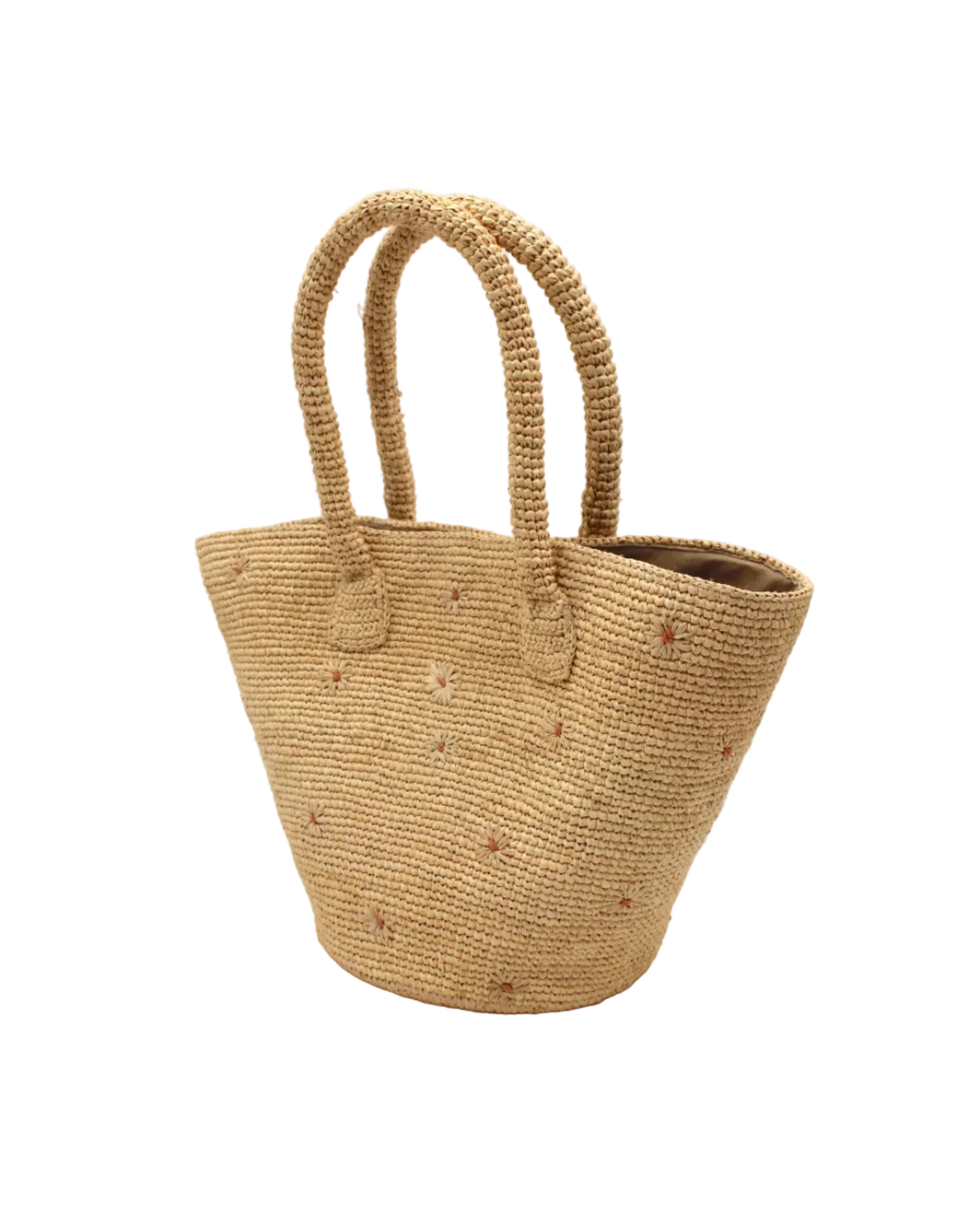 Side view Kirra Daisy Flowers Crochet Straw Basket Handbag handmade crochet raffia palm fiber in a solid hue of natural straw color with embroidered round natural straw color  petals and blush pink/orange inner dot flower pattern purse with matching crochet handles beach bag purse tote - Shebobo
