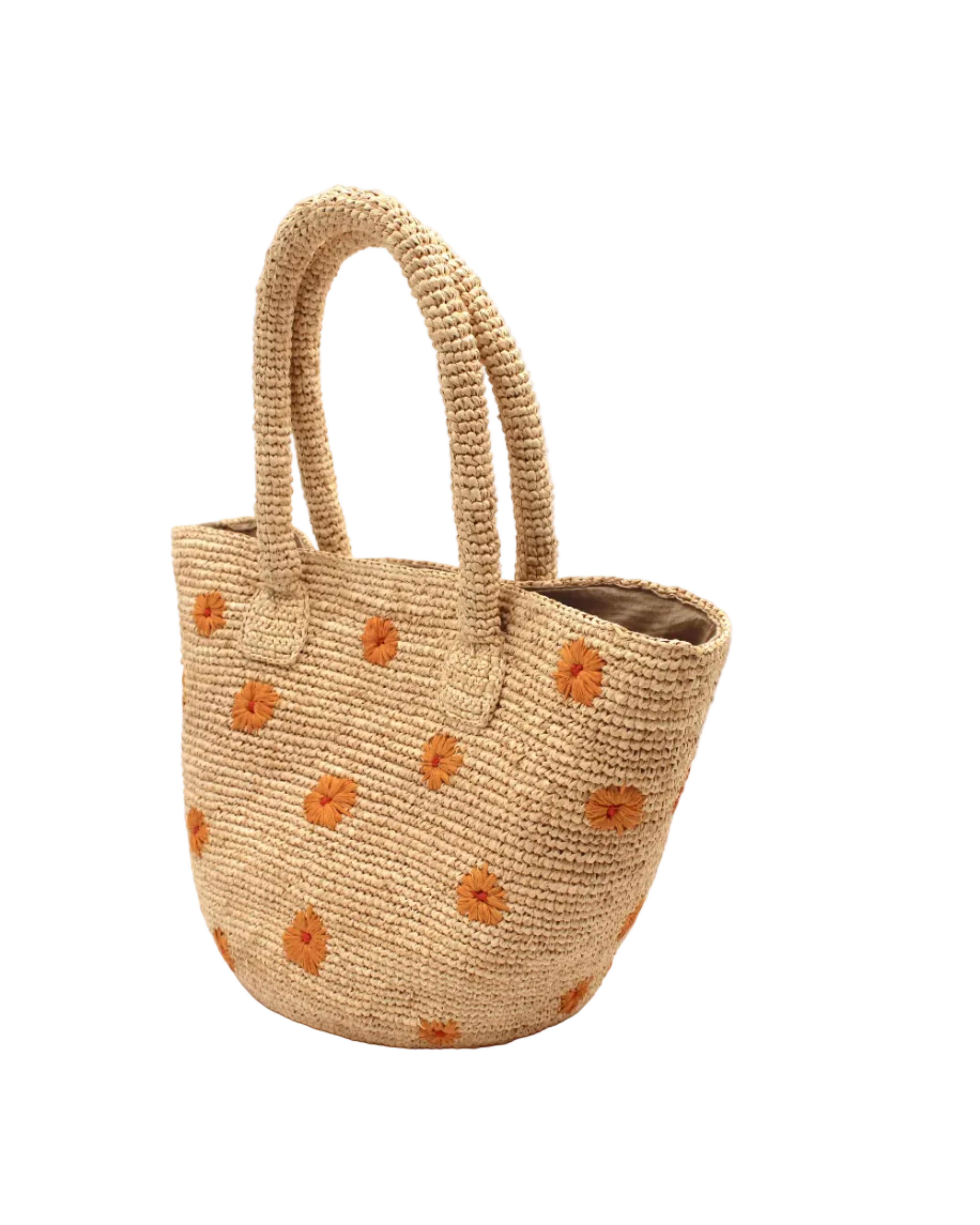 Side view Kirra Daisy Flowers Crochet Straw Basket Handbag handmade crochet raffia palm fiber in a solid hue of natural straw color with embroidered round saffron yellow/orange petals and coral orange/red inner dot flower pattern purse with matching crochet handles beach bag purse tote - Shebobo