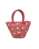 Kirra Daisy Flowers Crochet Straw Basket Handbag handmade crochet raffia palm fiber in a solid hue of light pink with embroidered round natural straw color  petals and blush pink/orange inner dot flower pattern purse with matching crochet handles beach bag purse tote - Shebobo
