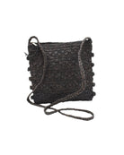 Kristen Crochet Straw Crossbody Bag with Nub Edge handmade crochet natural raffia palm fiber in a solid hue of black with two textures of fans and links that create a horizontal stripe pattern across the bag with braided shoulder strap and crochet nub edging along the vertical sides of the purse - Shebobo