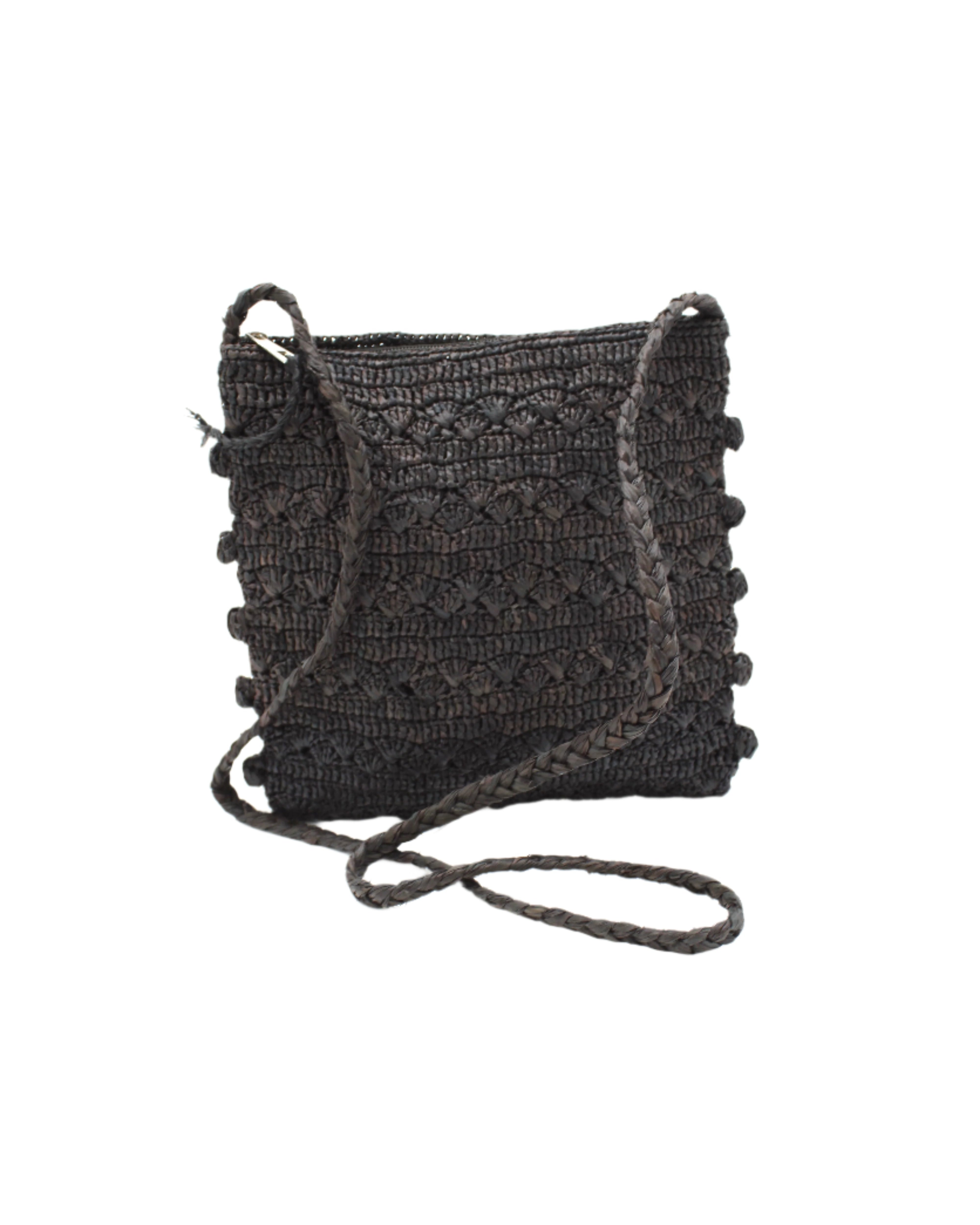 Kristen Crochet Straw Crossbody Bag with Nub Edge handmade crochet natural raffia palm fiber in a solid hue of black with two textures of fans and links that create a horizontal stripe pattern across the bag with braided shoulder strap and crochet nub edging along the vertical sides of the purse - Shebobo