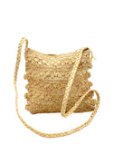Kristen Crochet Straw Crossbody Bag with Nub Edge handmade crochet natural raffia palm fiber in a solid hue of natural straw color with two textures of fans and links that create a horizontal stripe pattern across the bag with braided shoulder strap and crochet nub edging along the vertical sides of the purse - Shebobo