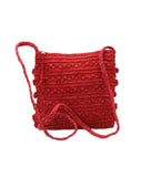 Kristen Crochet Straw Crossbody Bag with Nub Edge handmade crochet natural raffia palm fiber in a solid hue of red with two textures of fans and links that create a horizontal stripe pattern across the bag with braided shoulder strap and crochet nub edging along the vertical sides of the purse - Shebobo