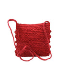 Kristen Crochet Straw Crossbody Bag with Nub Edge handmade crochet natural raffia palm fiber in a solid hue of red with two textures of fans and links that create a horizontal stripe pattern across the bag with braided shoulder strap and crochet nub edging along the vertical sides of the purse - Shebobo