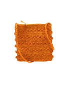 Kristen Crochet Straw Crossbody Bag with Nub Edge handmade crochet natural raffia palm fiber in a solid hue of saffron yellow/orange with two textures of fans and links that create a horizontal stripe pattern across the bag with braided shoulder strap and crochet nub edging along the vertical sides of the purse - Shebobo
