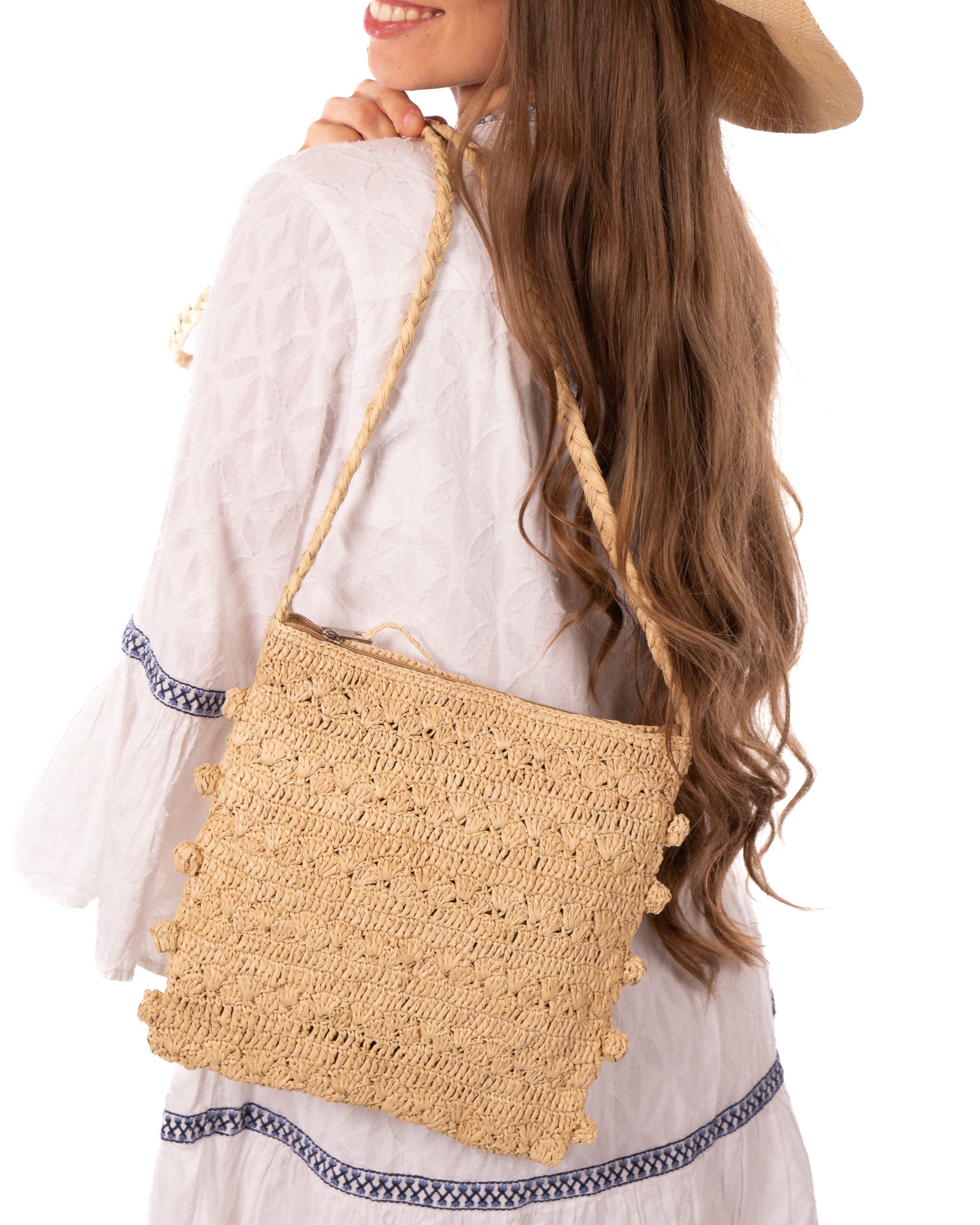 Kristen Crochet Straw Crossbody Bag with Nub Edge - Shebobo