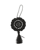 Lace Pattern Dreamcatcher Crochet Raffia Straw Tassel Charm Embellishment handmade natural raffia palm fiber in a solid hue of Black in a woven lace style disc with two concentric rings of open circular pattern in the center and scalloped outer edge with matching twist loop and brushed fringe tassel - Shebobo