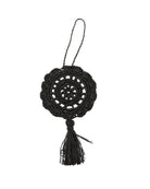 Lace Pattern Dreamcatcher Crochet Raffia Straw Tassel Charm Embellishment handmade natural raffia palm fiber in a solid hue of Black in a woven lace style disc with two concentric rings of open circular pattern in the center and scalloped outer edge with matching twist loop and brushed fringe tassel - Shebobo