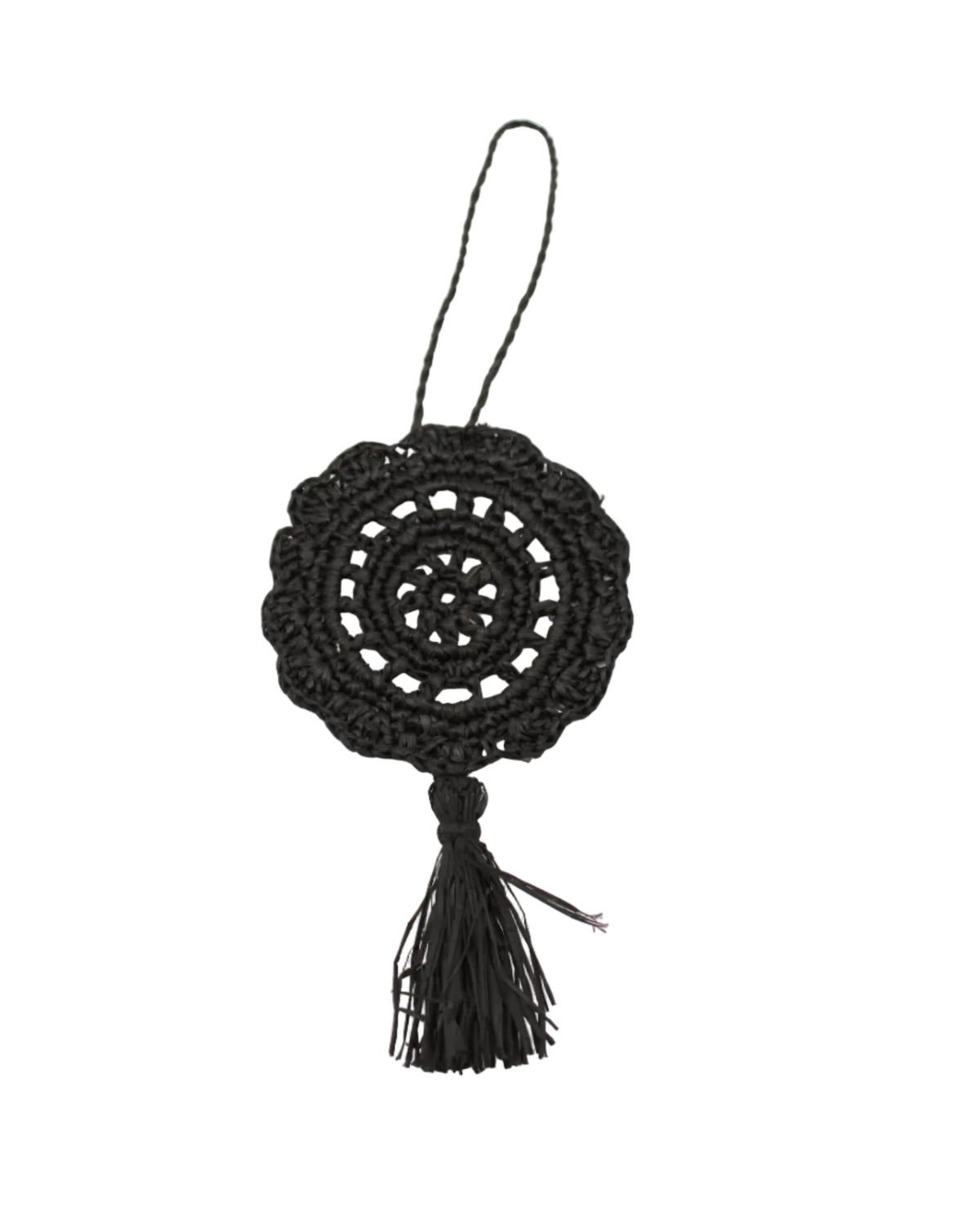 Lace Pattern Dreamcatcher Crochet Raffia Straw Tassel Charm Embellishment handmade natural raffia palm fiber in a solid hue of Black in a woven lace style disc with two concentric rings of open circular pattern in the center and scalloped outer edge with matching twist loop and brushed fringe tassel - Shebobo