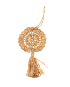 Lace Pattern Dreamcatcher Crochet Raffia Straw Tassel Charm Embellishment handmade natural raffia palm fiber in a solid hue of natural straw color in a woven lace style disc with two concentric rings of open circular pattern in the center and scalloped outer edge with matching twist loop and brushed fringe tassel - Shebobo
