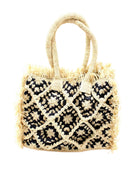 Leo Crochet Granny Square Pattern Handbag with Fringe Edge handmade woven raffia palm fiber in a two tone black and natural straw color multicolor pattern of woven granny squares oriented on the diagonal with natural raw fringe edging and handles basket bag - Shebobo