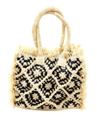 Leo Crochet Granny Square Pattern Handbag with Fringe Edge handmade woven raffia palm fiber in a two tone black and natural straw color multicolor pattern of woven granny squares oriented on the diagonal with natural raw fringe edging and handles basket bag - Shebobo