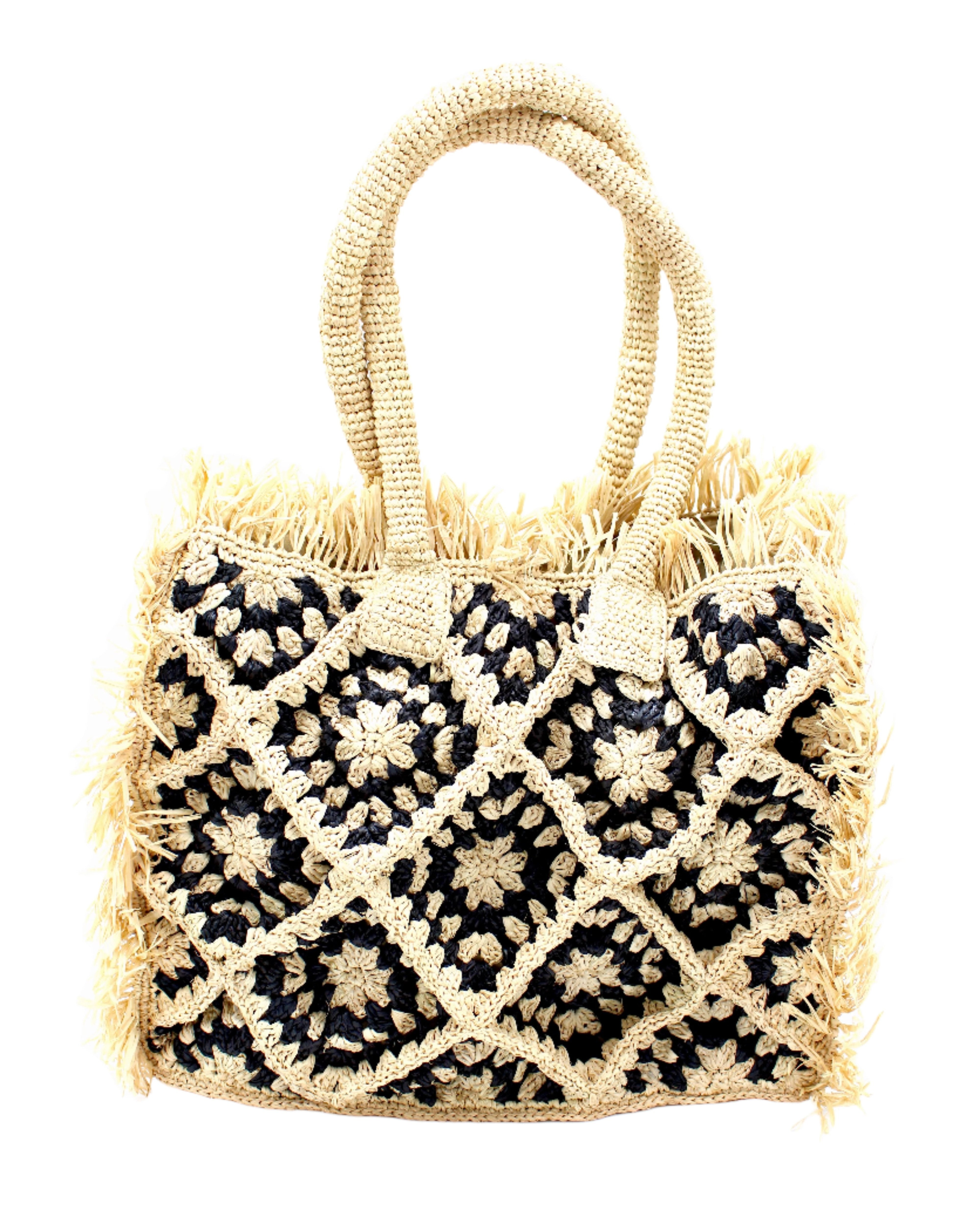 Leo Crochet Granny Square Pattern Handbag with Fringe Edge handmade woven raffia palm fiber in a two tone black and natural straw color multicolor pattern of woven granny squares oriented on the diagonal with natural raw fringe edging and handles basket bag - Shebobo