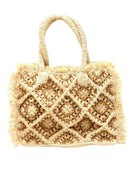 Leo Crochet Granny Square Pattern Handbag with Fringe Edge handmade woven raffia palm fiber in a two tone cappuccino light/brown/beige and natural straw color multicolor pattern of woven granny squares oriented on the diagonal with natural raw fringe edging and handles basket bag - Shebobo