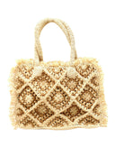 Leo Crochet Granny Square Pattern Handbag with Fringe Edge handmade woven raffia palm fiber in a two tone cappuccino light/brown/beige and natural straw color multicolor pattern of woven granny squares oriented on the diagonal with natural raw fringe edging and handles basket bag - Shebobo