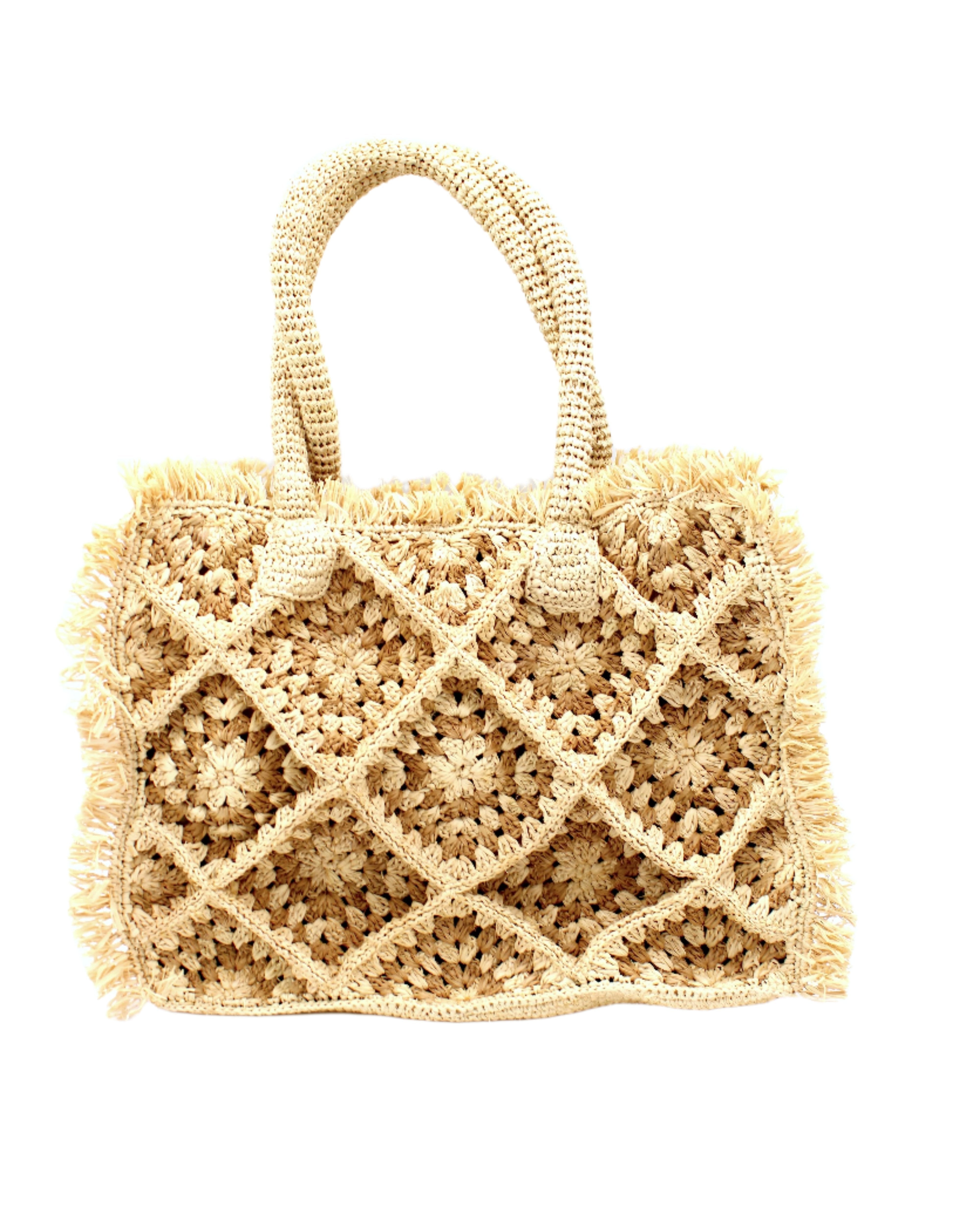 Leo Crochet Granny Square Pattern Handbag with Fringe Edge handmade woven raffia palm fiber in a two tone cappuccino light/brown/beige and natural straw color multicolor pattern of woven granny squares oriented on the diagonal with natural raw fringe edging and handles basket bag - Shebobo