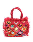 Leo Crochet Granny Square Pattern Handbag with Fringe Edge handmade woven raffia palm fiber in a red, cappuccino light brown, seafoam green, blue, coral red/orange, yellow, lime green, pink, black, natural straw color, etc. multicolor pattern of woven granny squares oriented on the diagonal with natural raw fringe edging and handles basket bag - Shebobo