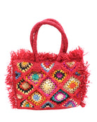 Leo Crochet Granny Square Pattern Handbag with Fringe Edge handmade woven raffia palm fiber in a red, cappuccino light brown, seafoam green, blue, coral red/orange, yellow, lime green, pink, black, natural straw color, etc. multicolor pattern of woven granny squares oriented on the diagonal with natural raw fringe edging and handles basket bag - Shebobo