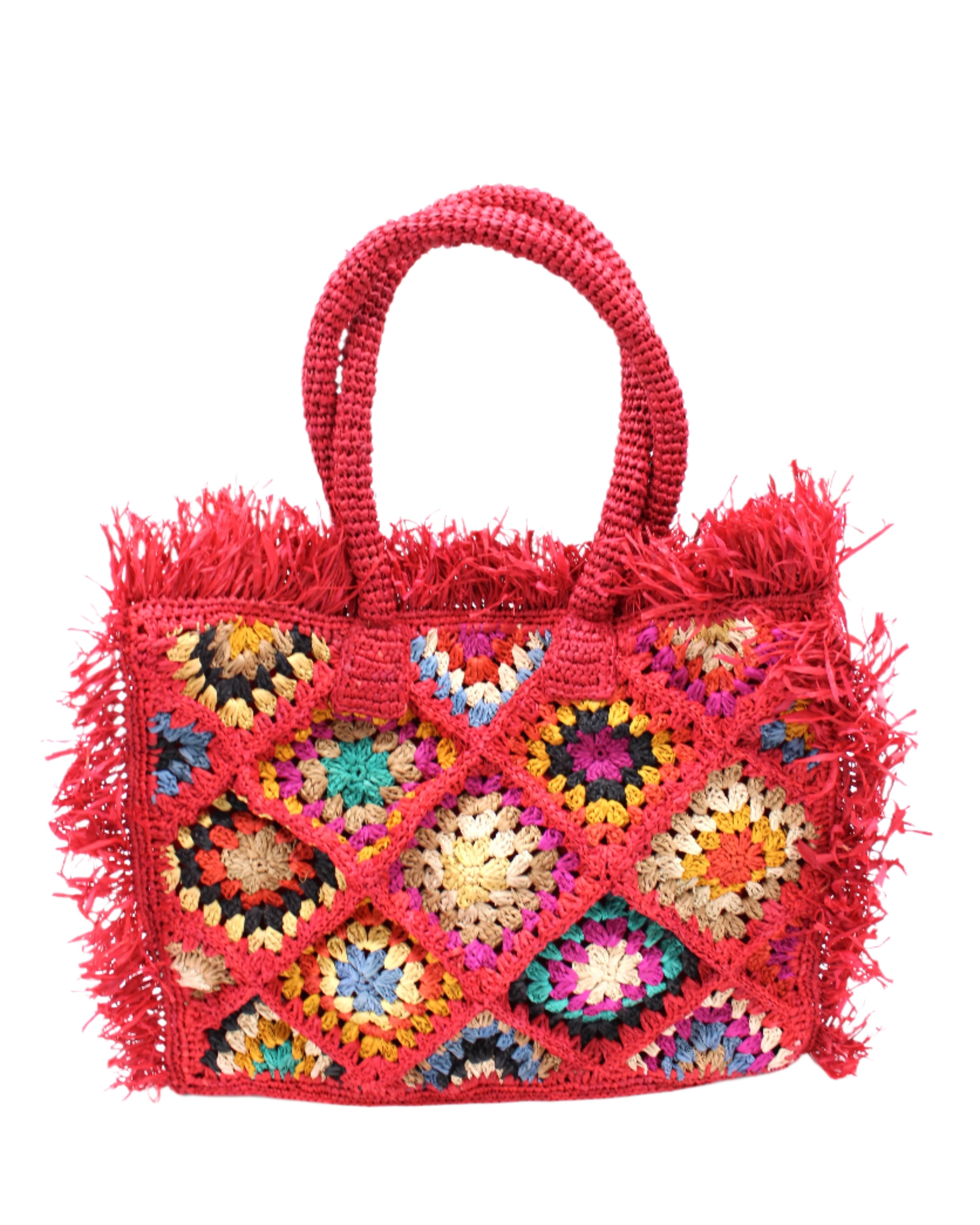 Leo Crochet Granny Square Pattern Handbag with Fringe Edge handmade woven raffia palm fiber in a red, cappuccino light brown, seafoam green, blue, coral red/orange, yellow, lime green, pink, black, natural straw color, etc. multicolor pattern of woven granny squares oriented on the diagonal with natural raw fringe edging and handles basket bag - Shebobo