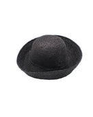 Leor Black crochet straw hat handmade woven natural raffia palm fiber in a solid hue of black raffia 3" brim packable straw hat with matching adjustable braided hat band - Shebobo