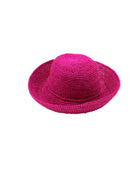 Leor Fuchsia crochet straw hat handmade woven natural raffia palm fiber in a solid hue of fuchsia hot/bright/barbie/pink raffia 3" brim packable straw hat with matching adjustable braided hat band - Shebobo