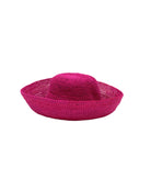 Leor Fuchsia crochet straw hat handmade woven natural raffia palm fiber in a solid hue of fuchsia hot/bright/barbie/pink raffia 3" brim packable straw hat with matching adjustable braided hat band - Shebobo