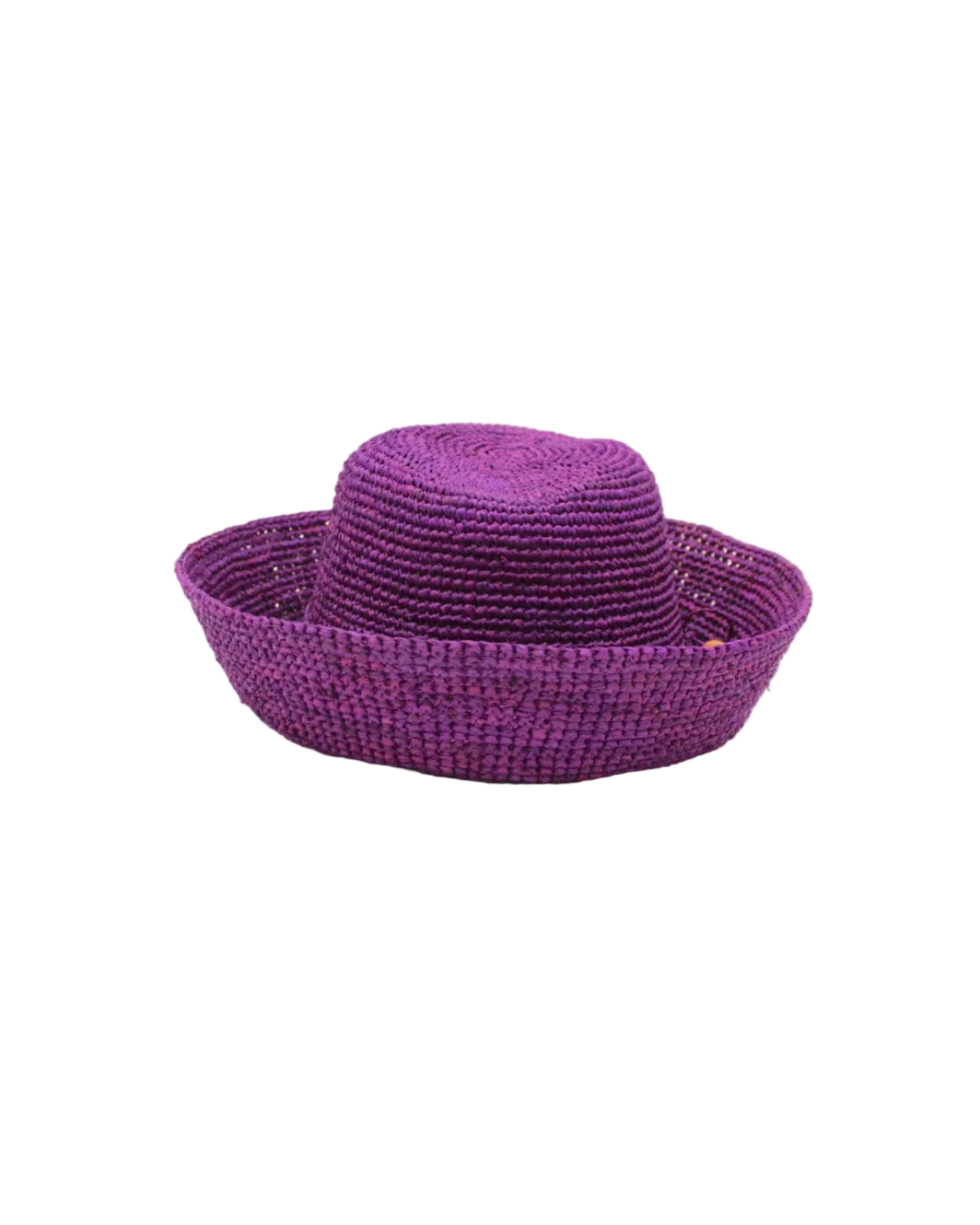 Leor Moxi crochet straw hat handmade woven natural raffia palm fiber in a solid hue of Moxi deep/purple raffia 3" brim packable straw hat with matching adjustable braided hat band - Shebobo