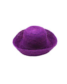 Leor Moxi crochet straw hat handmade woven natural raffia palm fiber in a solid hue of Moxi deep/purple raffia 3" brim packable straw hat with matching adjustable braided hat band - Shebobo