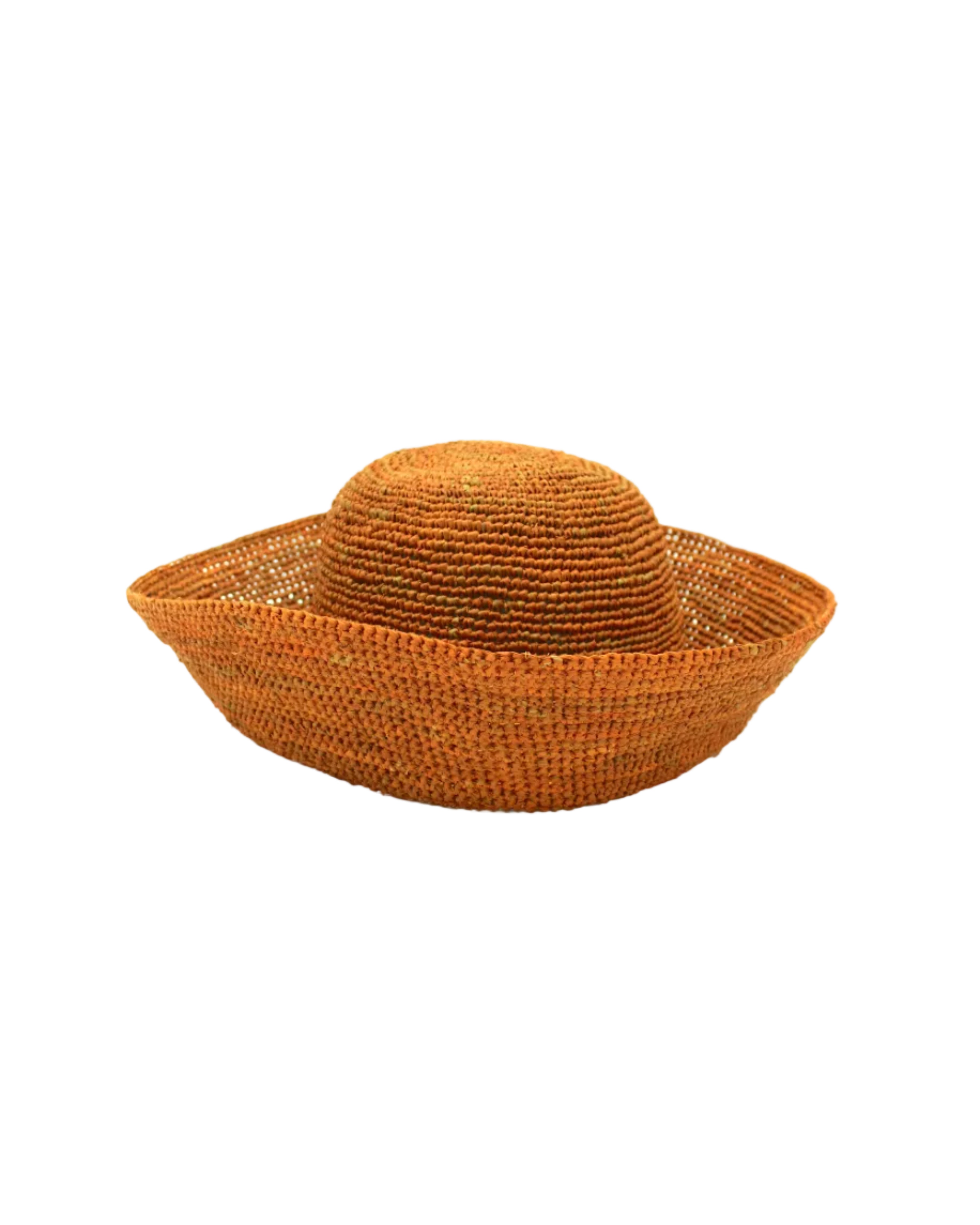 Leor Tumeric crochet straw hat handmade woven natural raffia palm fiber in a solid hue of tumeric yellow/orange/brown raffia 3" brim packable straw hat with matching adjustable braided hat band - Shebobo