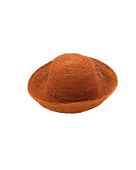 Leor Tumeric crochet straw hat handmade woven natural raffia palm fiber in a solid hue of tumeric yellow/orange/brown raffia 3" brim packable straw hat with matching adjustable braided hat band - Shebobo