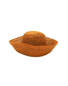 Leor Tumeric crochet straw hat handmade woven natural raffia palm fiber in a solid hue of tumeric yellow/orange/brown raffia 3" brim packable straw hat with matching adjustable braided hat band - Shebobo