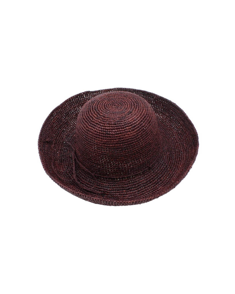 Leor Mocha crochet straw hat handmade woven natural raffia palm fiber in a solid hue of mocha chocolate/dark/brown raffia 3" brim packable straw hat with matching adjustable braided hat band - Shebobo