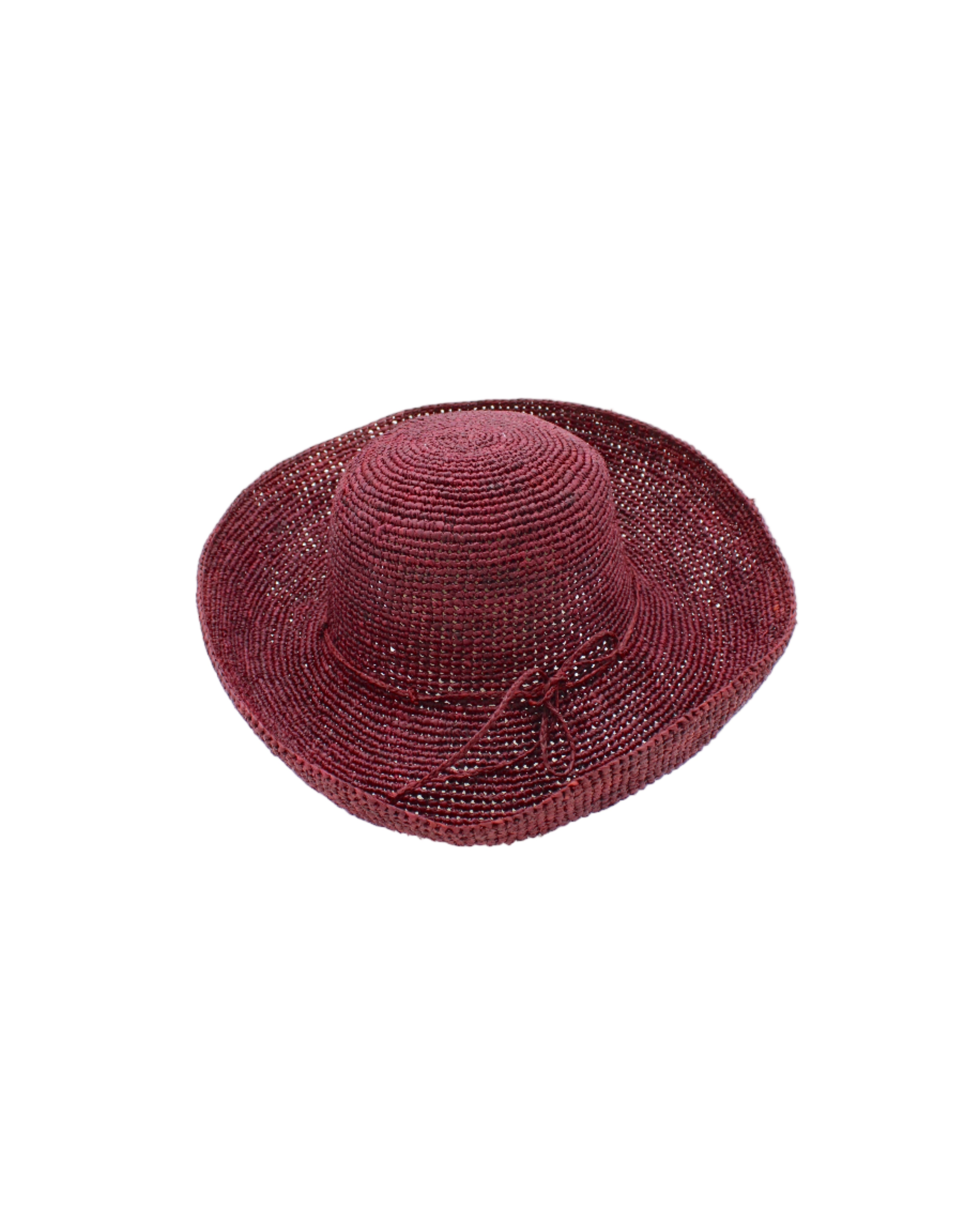 Leor Mocha crochet straw hat handmade woven natural raffia palm fiber in a solid hue of umberwine burgundy/bordeaux/claret/dark/red/purple raffia 3" brim packable straw hat with matching adjustable braided hat band - Shebobo