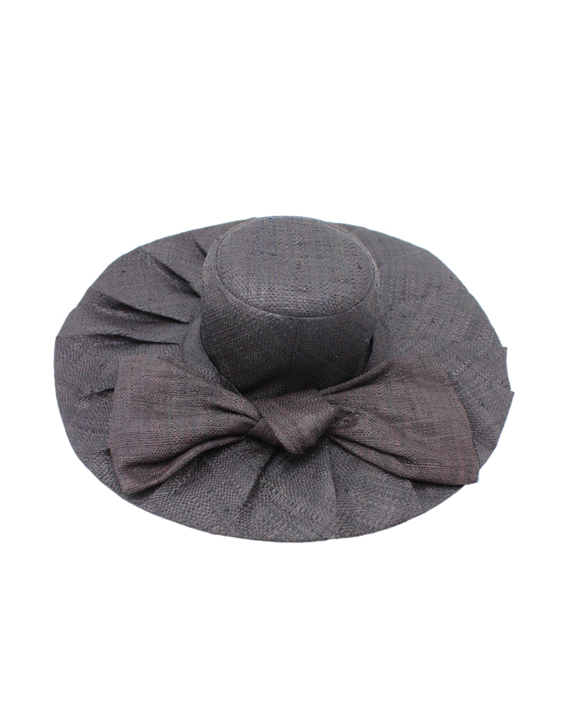 Lilly 5" Brim Fan Straw Sun Hat with Big Bow Black handmade loomed natural raffia palm fiber in a solid hue of black with pleated wide brim and oversized bow embellishment - Shebobo