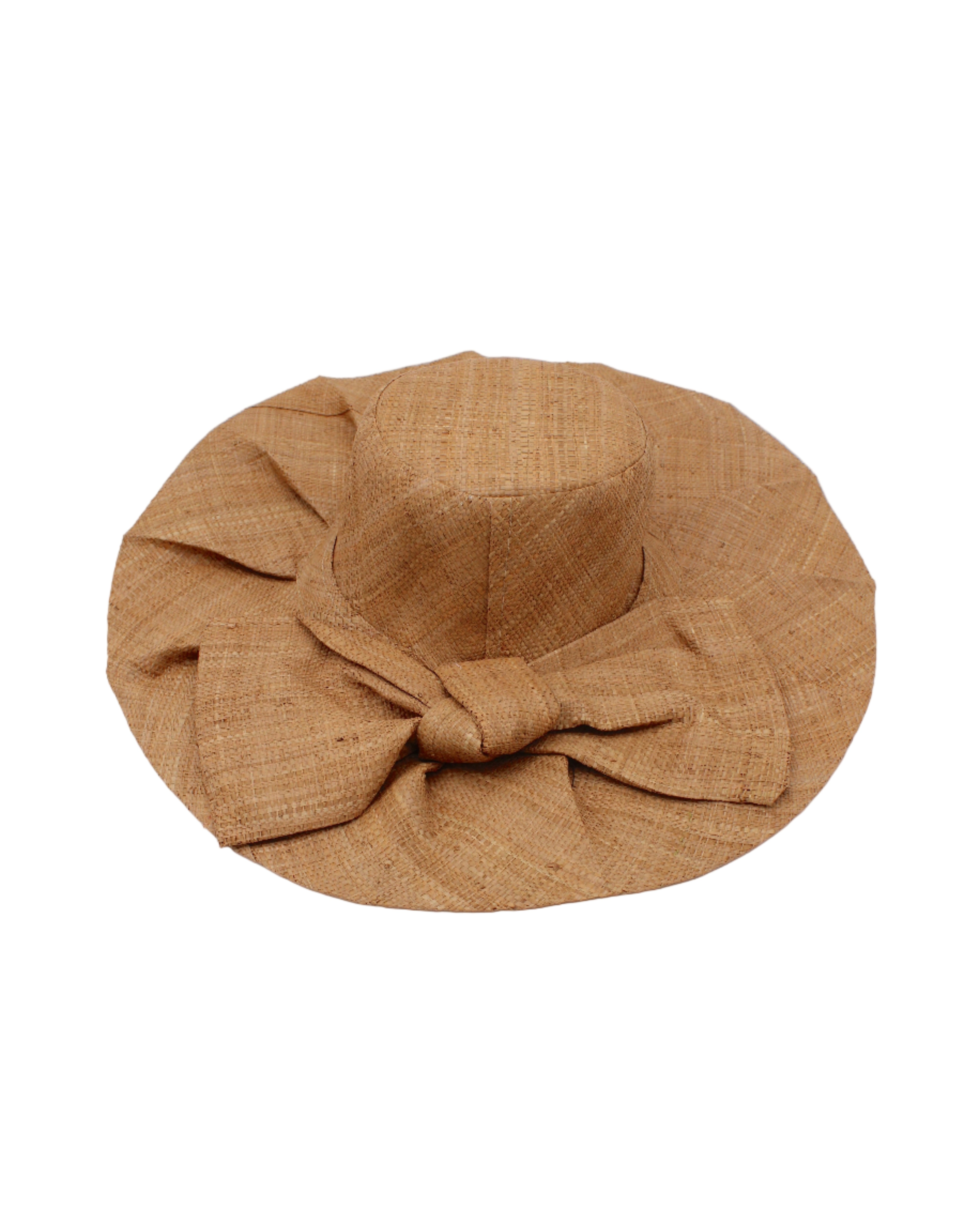Lilly 5" Brim Fan Straw Sun Hat with Big Bow Cappuccino handmade loomed natural raffia palm fiber in a solid hue of cappuccino tea/light/brown with pleated wide brim and oversized bow embellishment - Shebobo