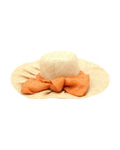 Lilly 5" Brim Fan Straw Sun Hat with Big Apricot Blush melon/peach/salmon/light/orange/pink bow and matching hatband on handmade natural loomed raffia pleated wide brim hat - Shebobo